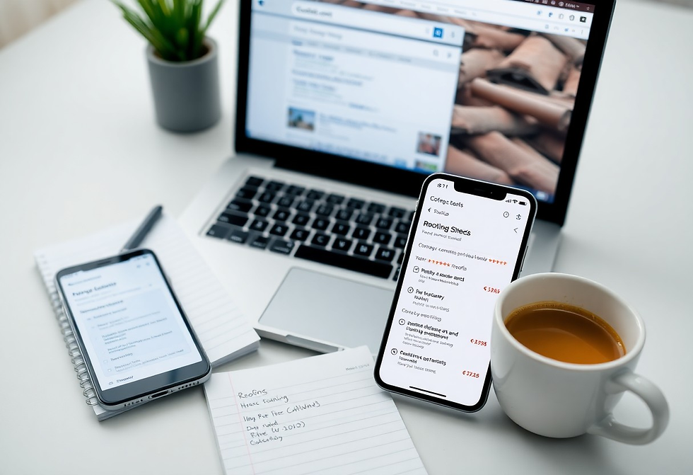 a person's desk with a laptop, two smartphones, a notebook, a pen, and a cup of coffee. The screen of the smartphone on the right displays a mobile app with a list of "Rooting Sitecs" and pricing information. The other smartphone and the notebook also have text on them, suggesting a work-related or planning context.