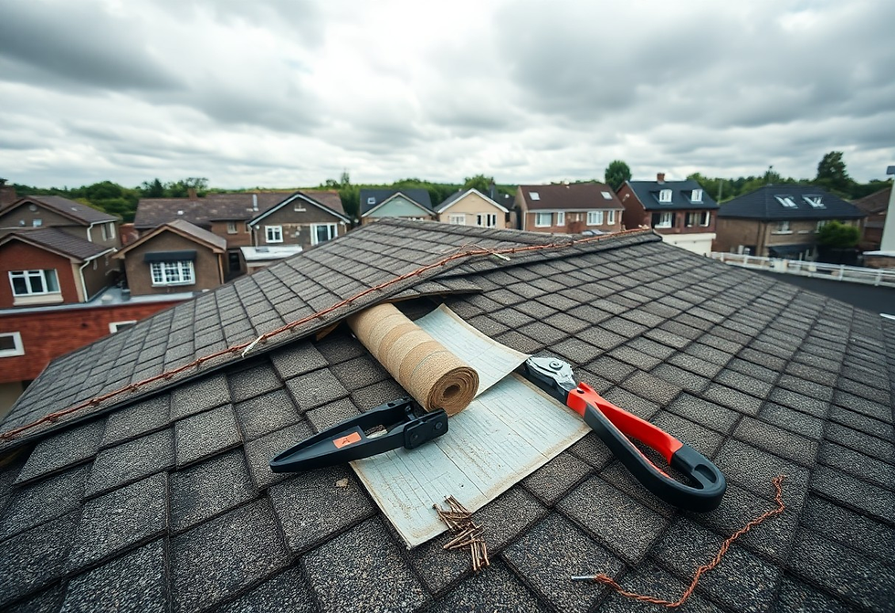 Roof with shingles and tools for roofing work, likely for a repair or installation. The tools visible include a pair of snips or shears, a caulking gun, and a roll of roofing underlayment or flashing. The scene suggests a professional roofing project, possibly for a solar panel installation or a general roof repair.