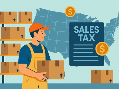 Man holding a package in front of a map of the US with a paper that says Sales Tax superimposed