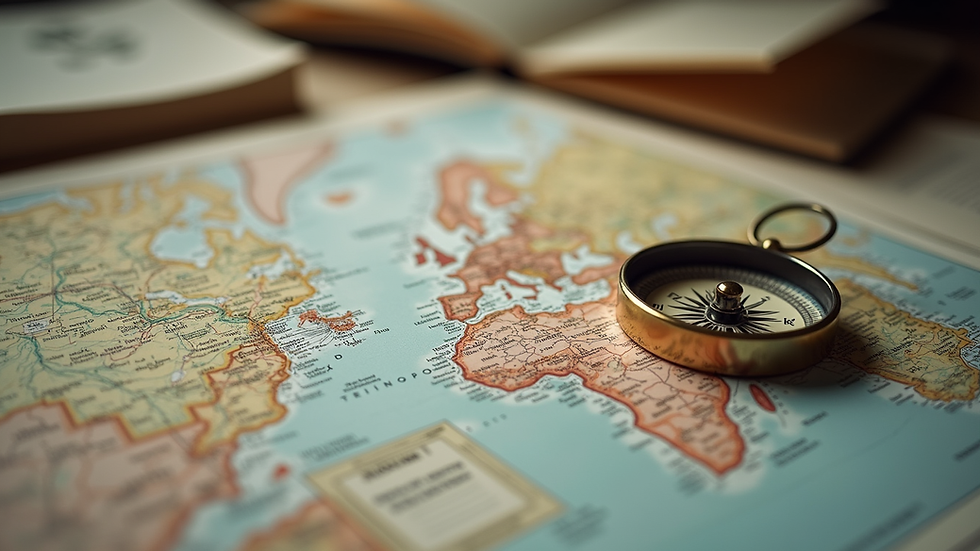 Eye-level view of a detailed travel map with notes and a compass