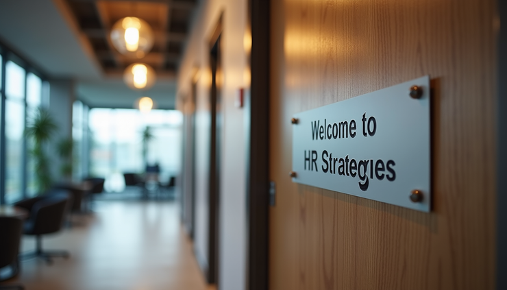 Eye-level view of a modern office entrance with a welcoming sign for Core HR Strategies