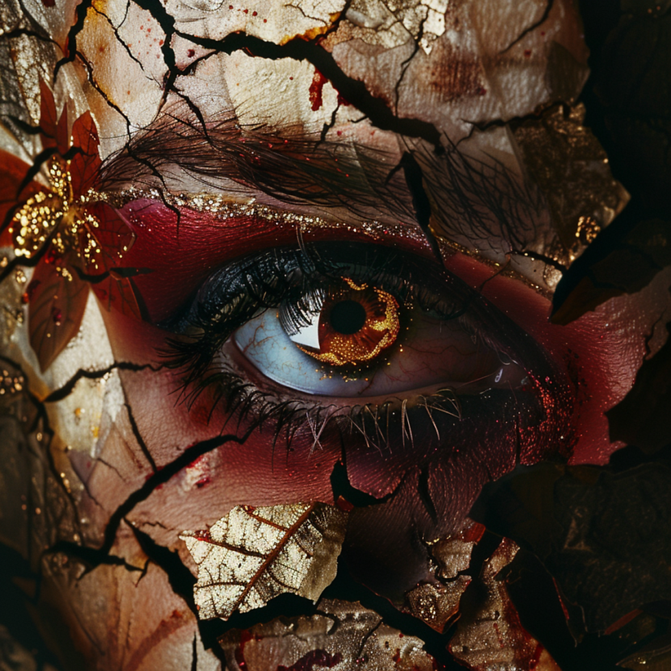 A striking eye surrounded by cracked gold and red makeup, with floral details. The image has a dramatic and surreal feel.