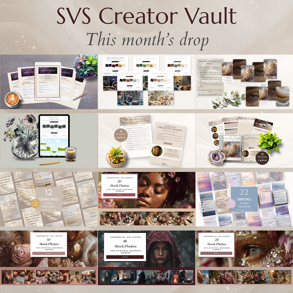 Grid showcasing digital products like stock photos, templates, and mood boards. Text reads "SVS Creator Vault: This month's drop." Neutral tones.
