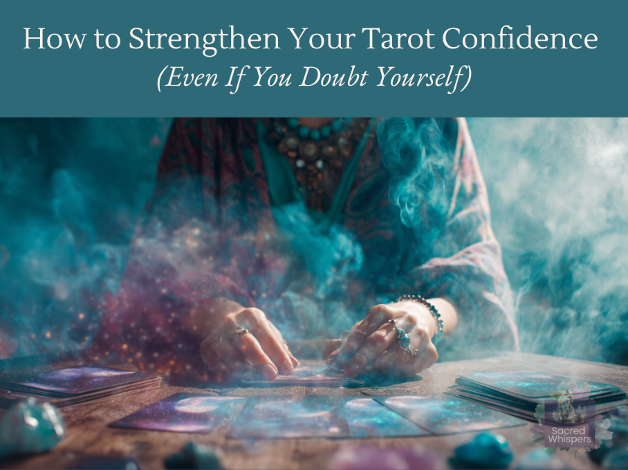 Woman reading tarot cards by candlelight, appearing focused and serene. Text: Stop Guessing Your Way Through Readings.