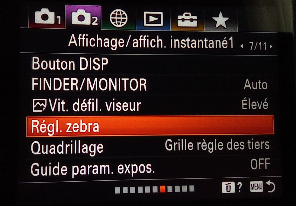 Écran de menu d'un appareil photo avec options telles que "Régl. zebra" en surbrillance orange et paramètres d'affichage.