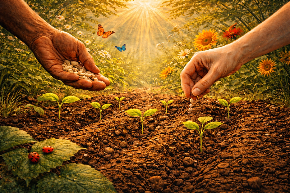 Plantando sementes no jardim ao entardecer.png