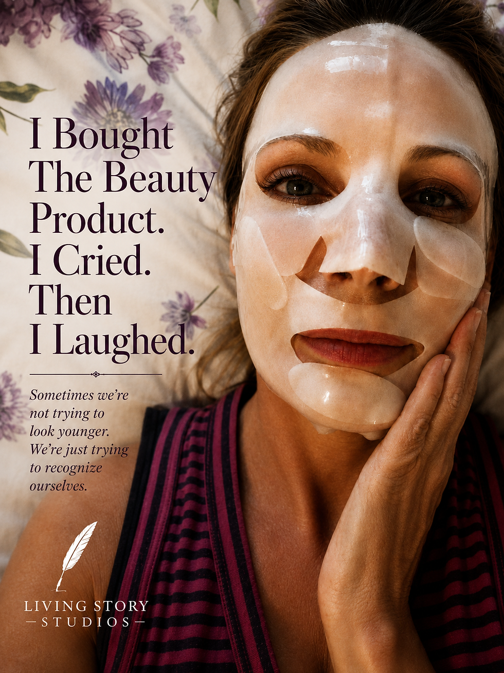 Woman wearing a hydrating sheet mask while lying on floral bedding with the title "I Bought the Beauty Product. I Cried. Then I Laughed," illustrating a personal essay about aging, identity, and beauty expectations.