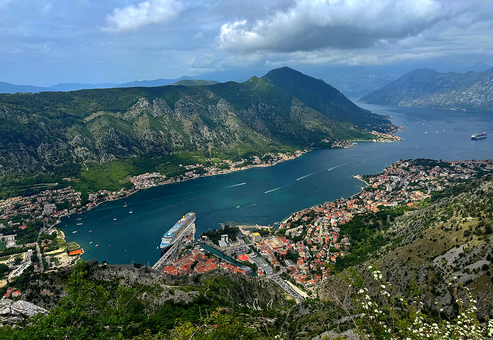 Hiking beyond Kotor Fortress on the Ladder of Kotor trail brought me to this bird's-eye view of the Bay of Kotor.