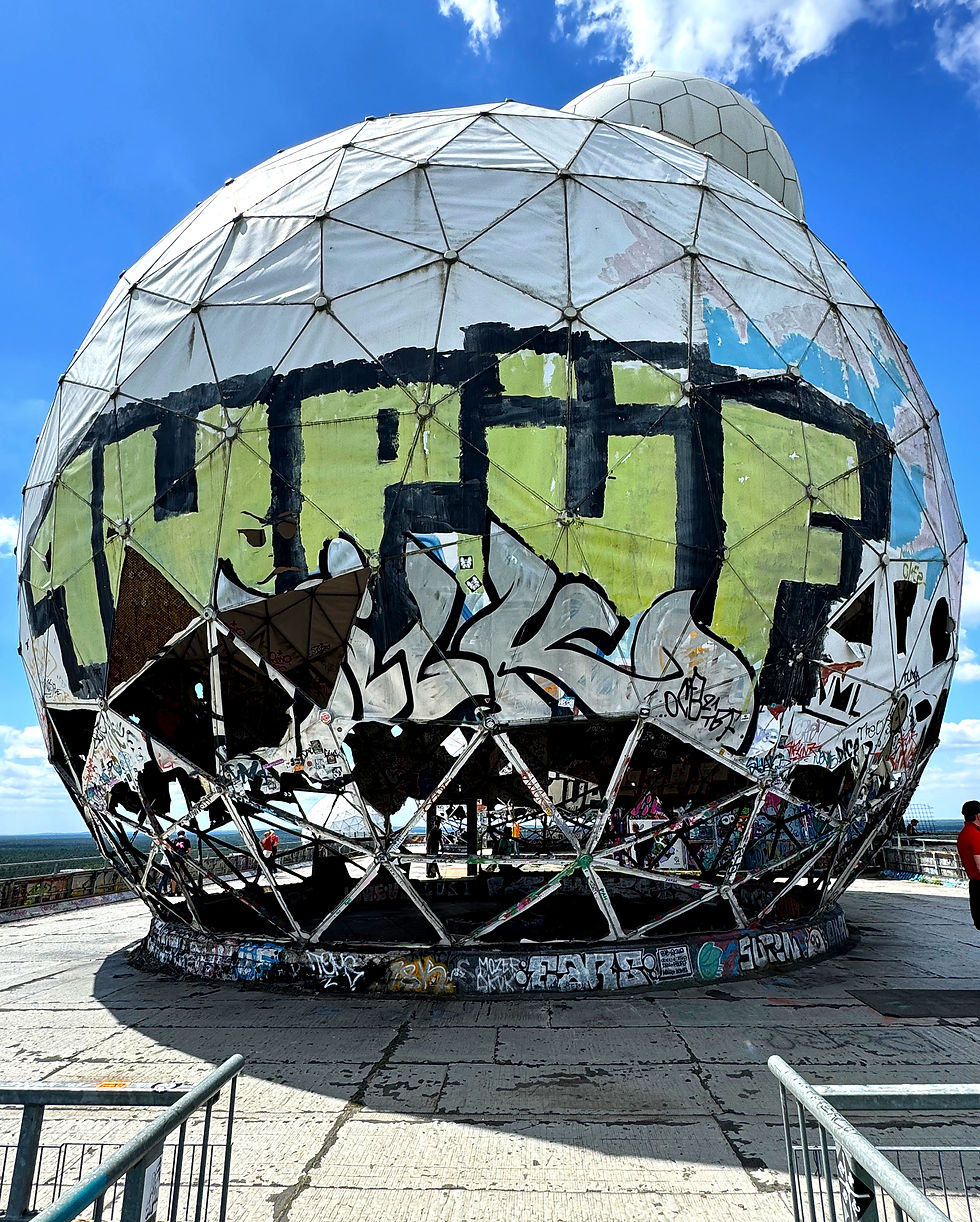 The roof of the main building at Teufelsberg is open for visitors to see the radomes.