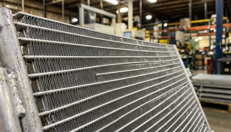 Close-up view of aluminum microchannel condenser fins and flat tubes during inspection