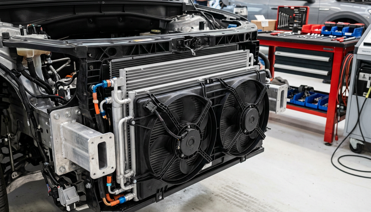 Eye-level view of an electric vehicle front thermal module with a condenser fitted behind the grille area