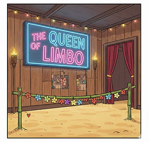 A Queen of Limbo neon sign and limbo pole