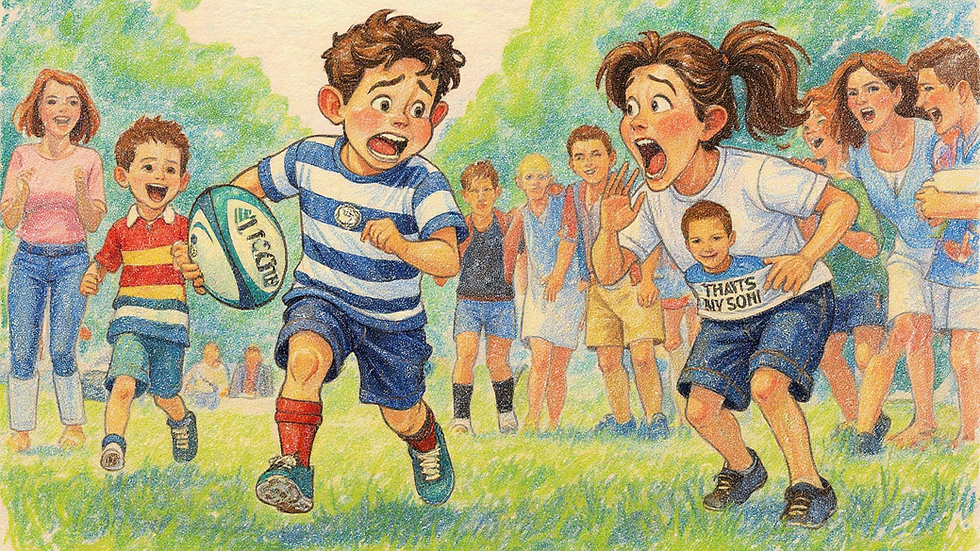 Boy in blue striped shirt runs with rugby ball, excited crowd cheering. Woman in "That's My Son!" shirt, green field, trees in background.