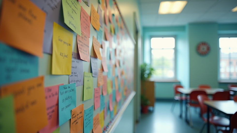 Eye-level view of a classroom wall decorated with colourful student poetry artwork