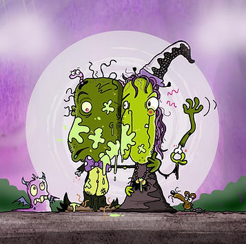 The zombie kisses the witch and bursts her boils