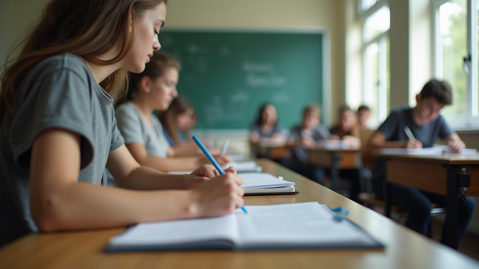 Eye-level view of a classroom with students writing poetry