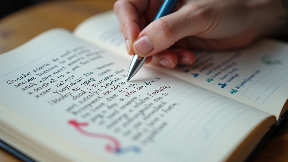 Close-up view of a notebook with handwritten poetry and colourful annotations