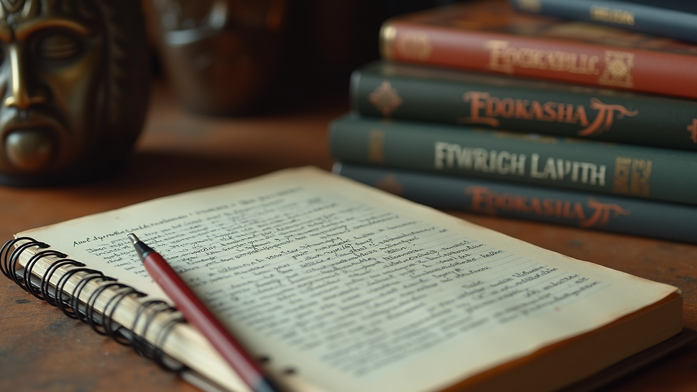 Close-up view of a writer’s desk with fantasy novels and a notebook