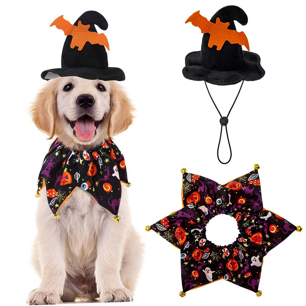 Dog Halloween Costume - Halloween Style Dog Collar with Bells and Wizards hat Se