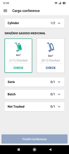 Imagem de um celular apresentando a tela de conferência de produtos a serem entregues do aplicativo Deltalog - Air Liquide