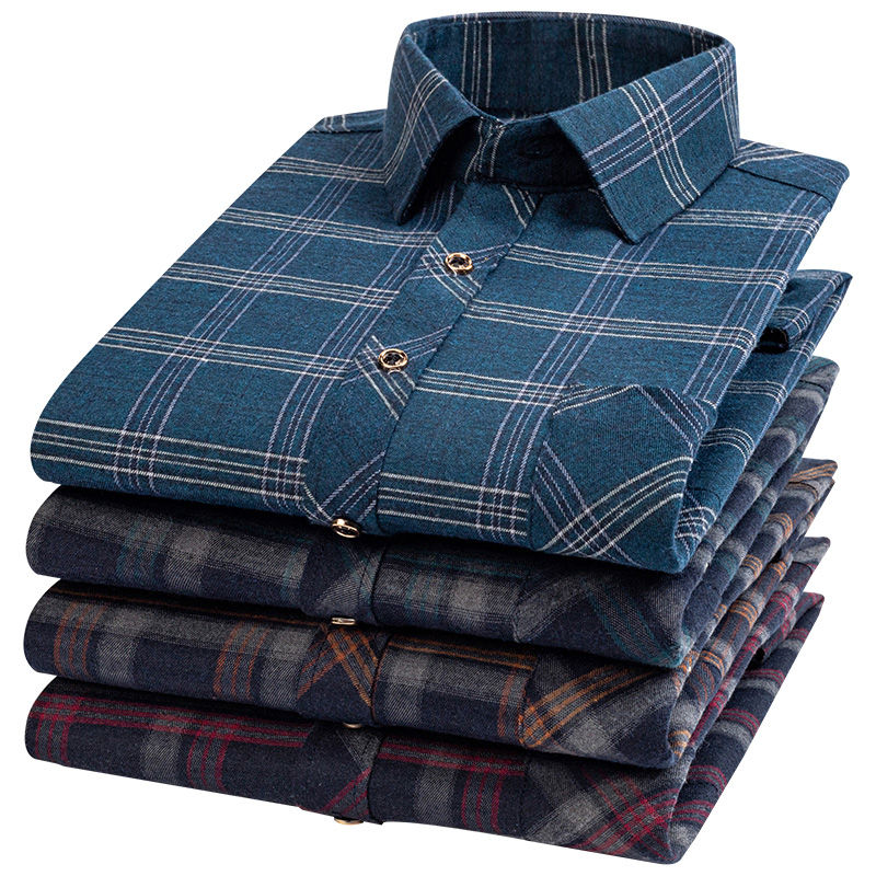 M-6XL Men's Pure Cotton Flannel Shirts Long Sleeve Single Pocket Casual Plaid Th
