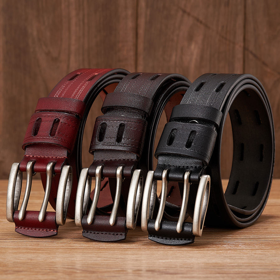 Thumbnail: High Quality Genuine Leather Belts for Men Brand Strap Male Double Pin Buckle Fa