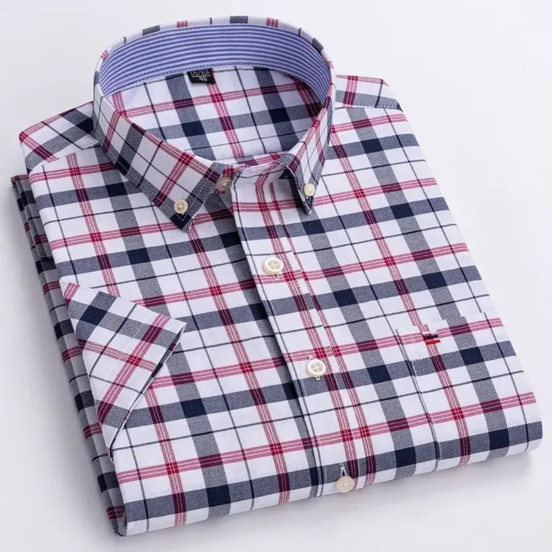 Thumbnail: 2026 100% Pure Cotton Men's Oxford Short Sleeve Square Collar Soild Plaid Stripe