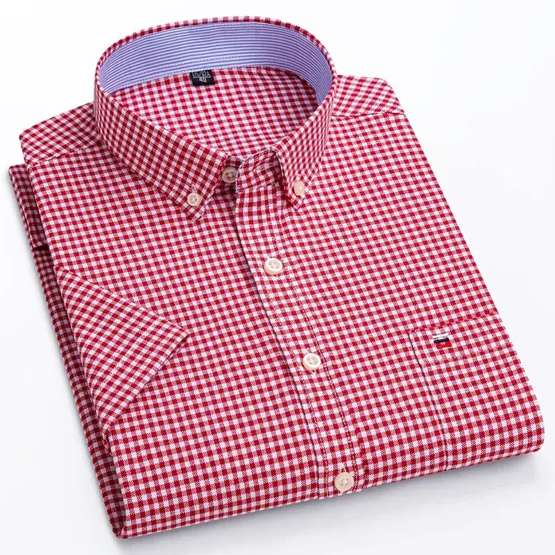 Thumbnail: 2026 100% Pure Cotton Men's Oxford Short Sleeve Square Collar Soild Plaid Stripe