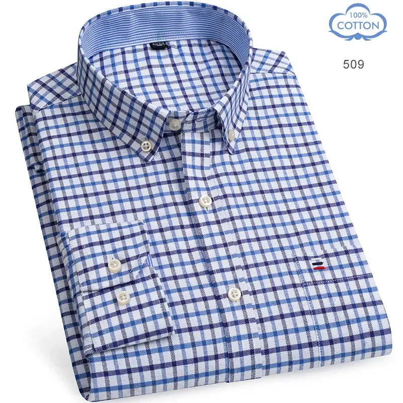 Thumbnail: 100% Pure Cotton Oxford Shirts for Men Long Sleeve  Plaid Shirt Striped Male Bus