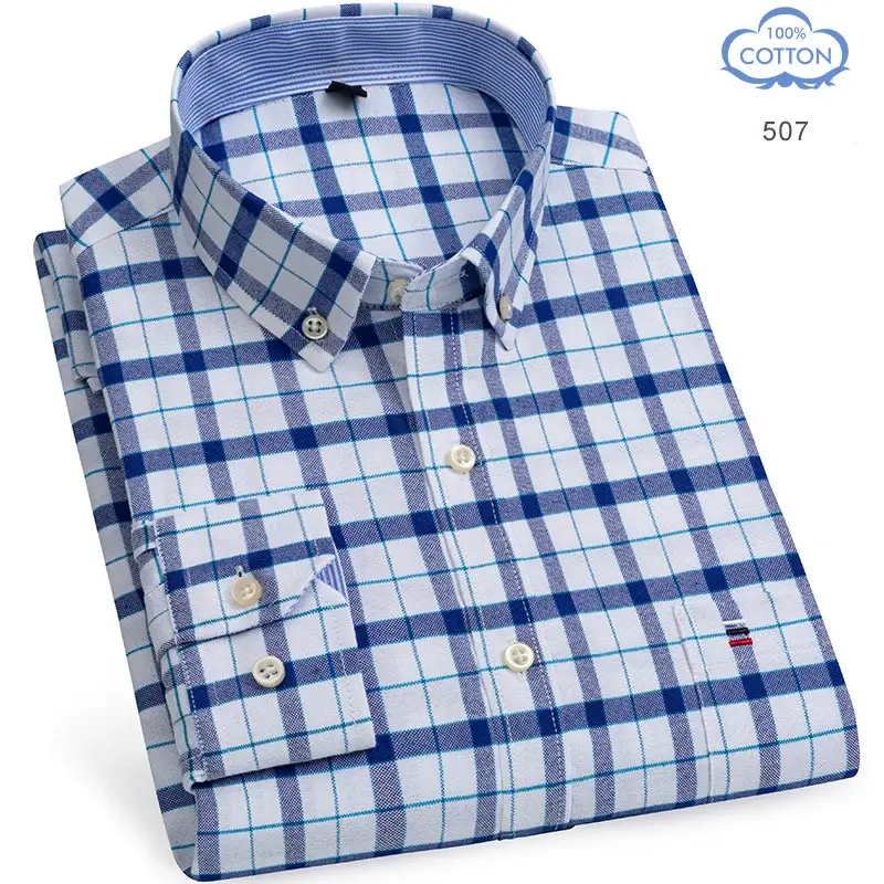 Thumbnail: 100% Pure Cotton Oxford Shirts for Men Long Sleeve  Plaid Shirt Striped Male Bus