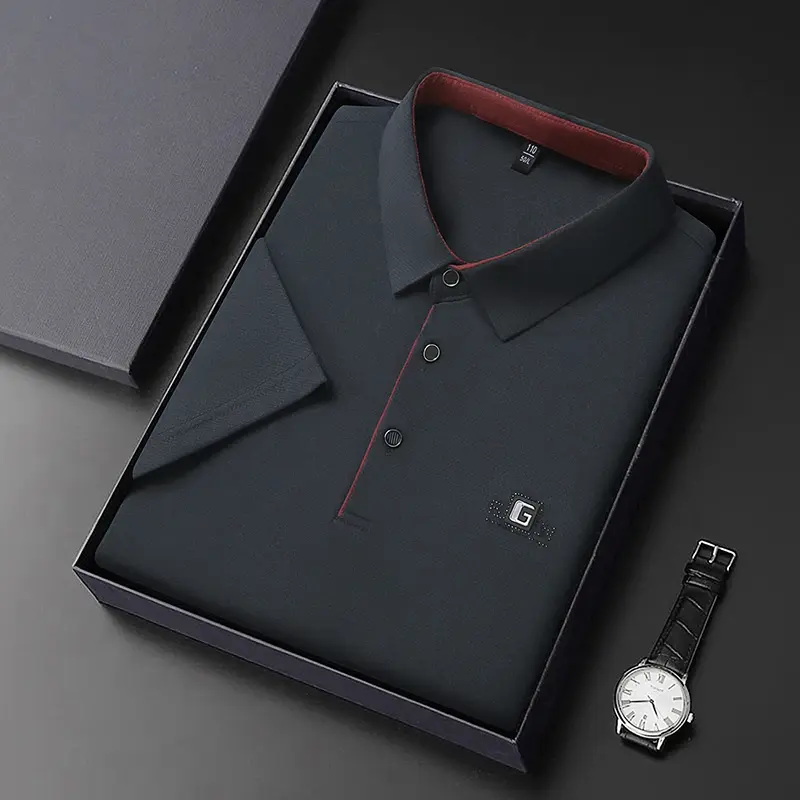 Thumbnail: New Men's Business Casual Short Sleeved Shirt with Badge Solid Color Polo Shirt 