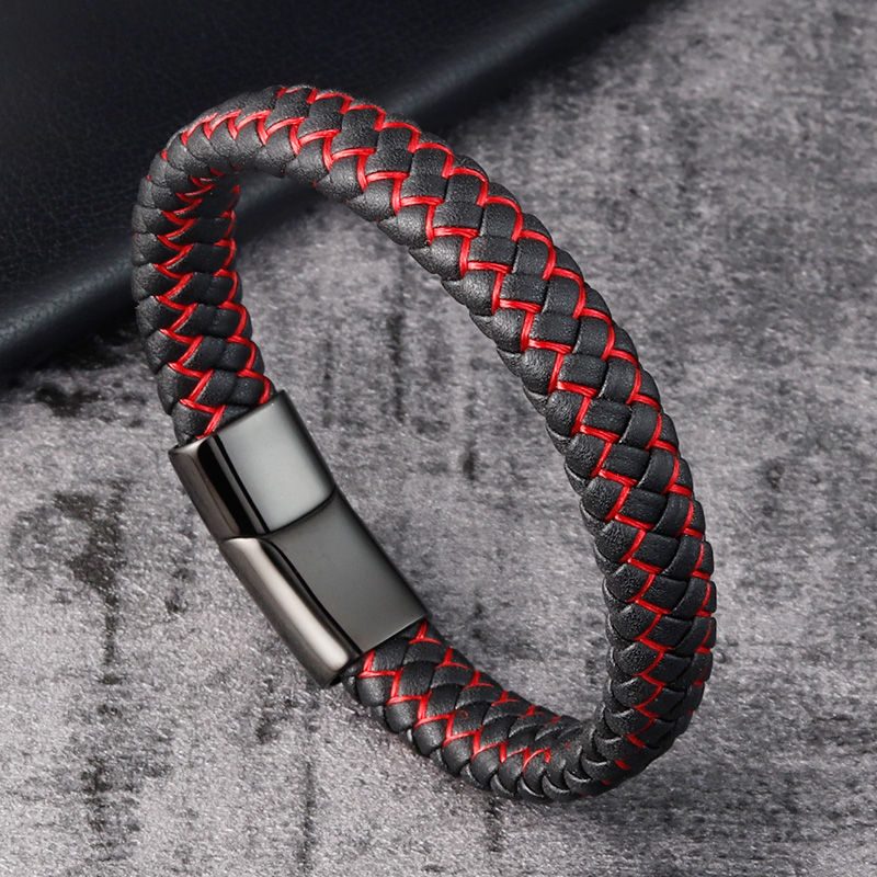 Thumbnail: Trendy Men Jewelry Red Braided Leather Rope Bracelet Black Magnetic Buckle Brace