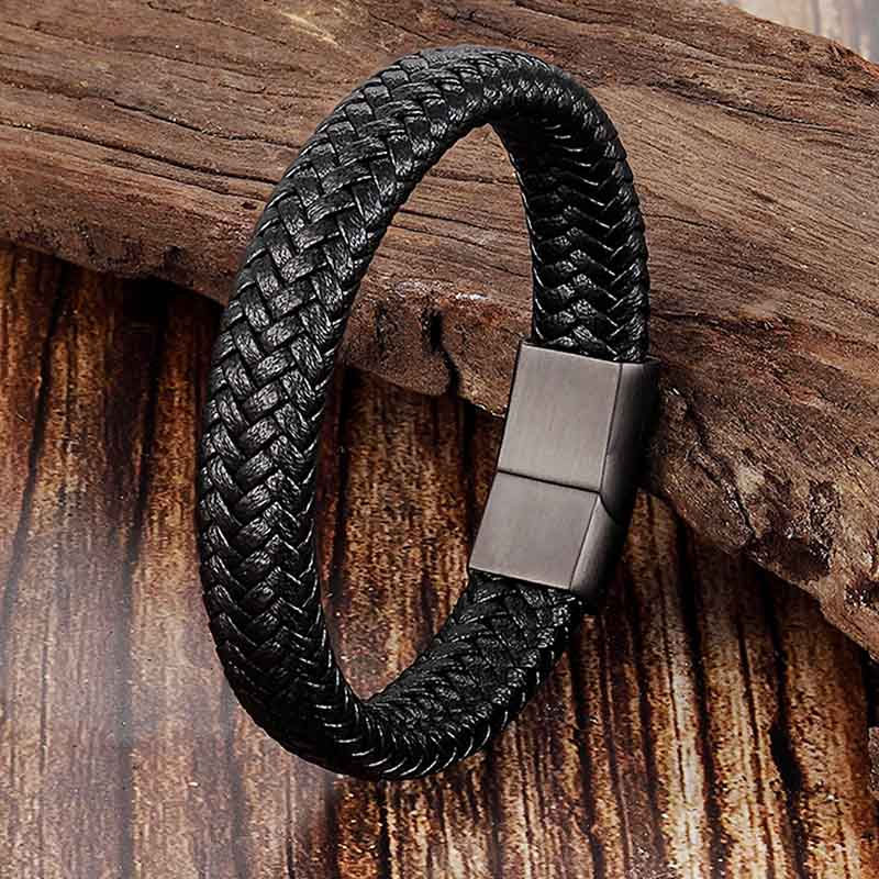 Thumbnail: Trendy Men Jewelry Red Braided Leather Rope Bracelet Black Magnetic Buckle Brace