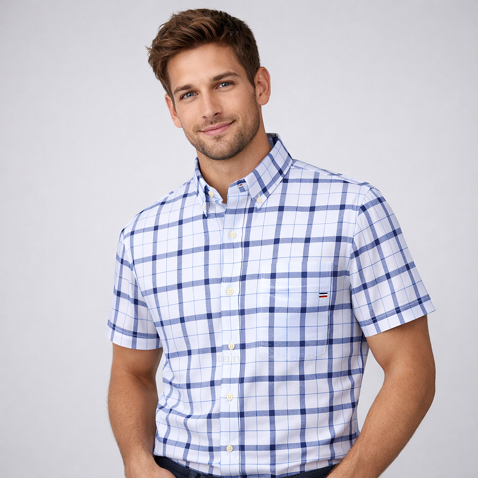 Thumbnail: 2026 100% Pure Cotton Men's Oxford Short Sleeve Square Collar Soild Plaid Stripe