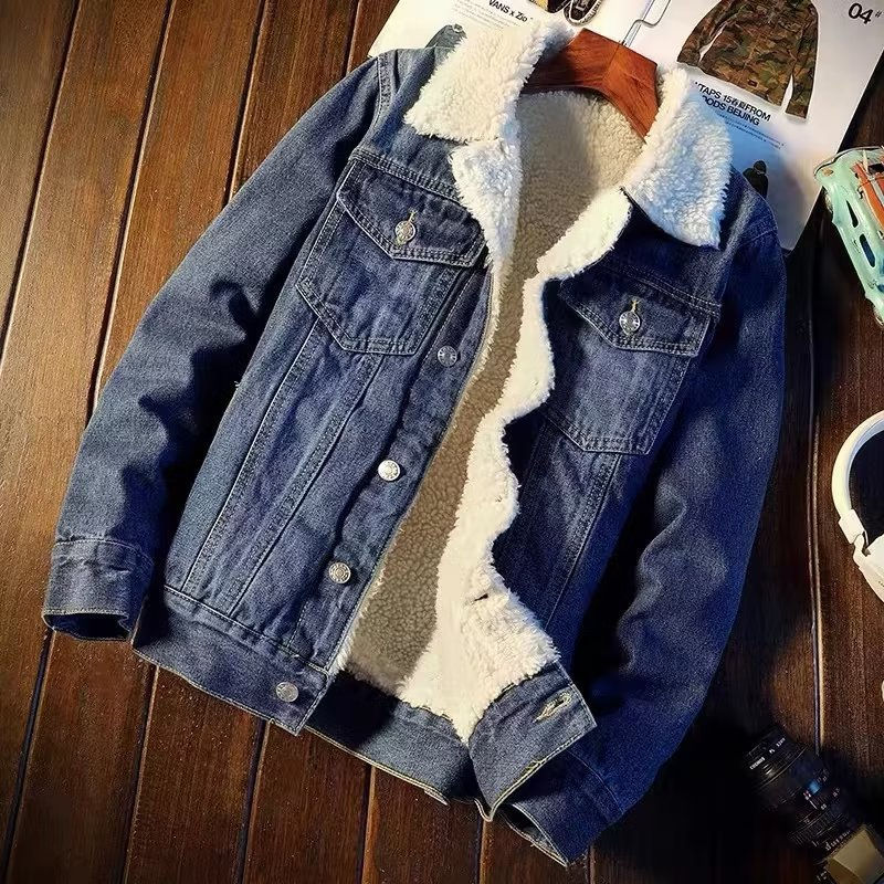 Thumbnail: Winter Thickened Fleece Lined Denim Jacket Men's Youth Korean Style Cotton Coat 