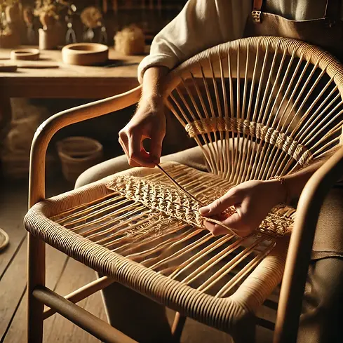 DALL·E 2025-03-04 15.31.28 - A close-up view of a craftsman weaving natural rattan on a wo