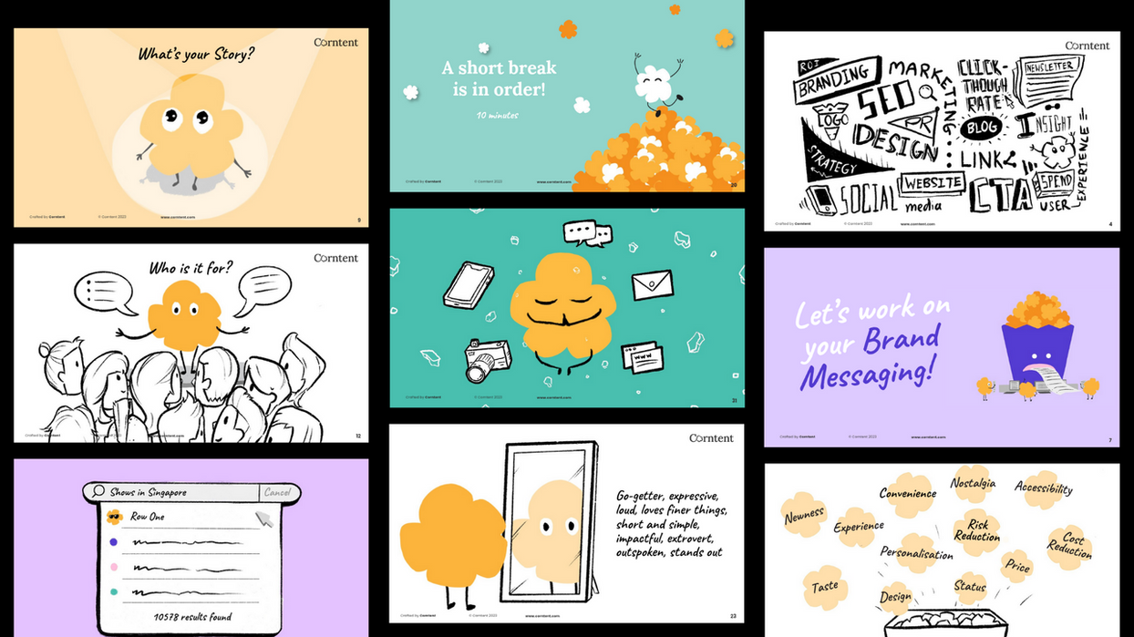 Slide from Corntent’s brand workshop showing illustrated popcorn mascots, brand personality traits, and tone-of-voice frameworks.