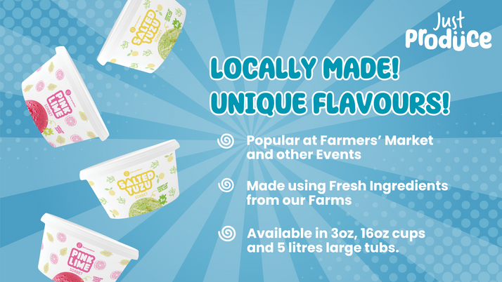 USP of Ice creams of Just Produce’s brand profile featuring fresh greens with playful, colourful illustrations.