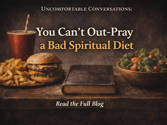 a bible sitting between a fast food burger meal on the left and a healthy salad on the right