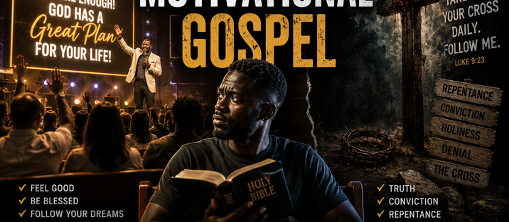 Graphic for "The Motivational Gospel" showing a Kenyan Christian man choosing between a feel-good motivational message and the biblical gospel of the cross, repentance, and truth. Read the full blog for more.
