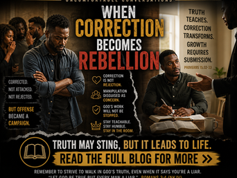 Graphic for "Uncomfortable Conversations: When Correction Becomes Rebellion" showing a Kenyan Christian man reacting to biblical correction while others are drawn into offense and division. The image contrasts teachability with rebellion and encourages readers to read the full blog about accountability, humility, and spiritual growth.