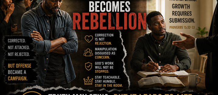 Graphic for "Uncomfortable Conversations: When Correction Becomes Rebellion" showing a Kenyan Christian man reacting to biblical correction while others are drawn into offense and division. The image contrasts teachability with rebellion and encourages readers to read the full blog about accountability, humility, and spiritual growth.