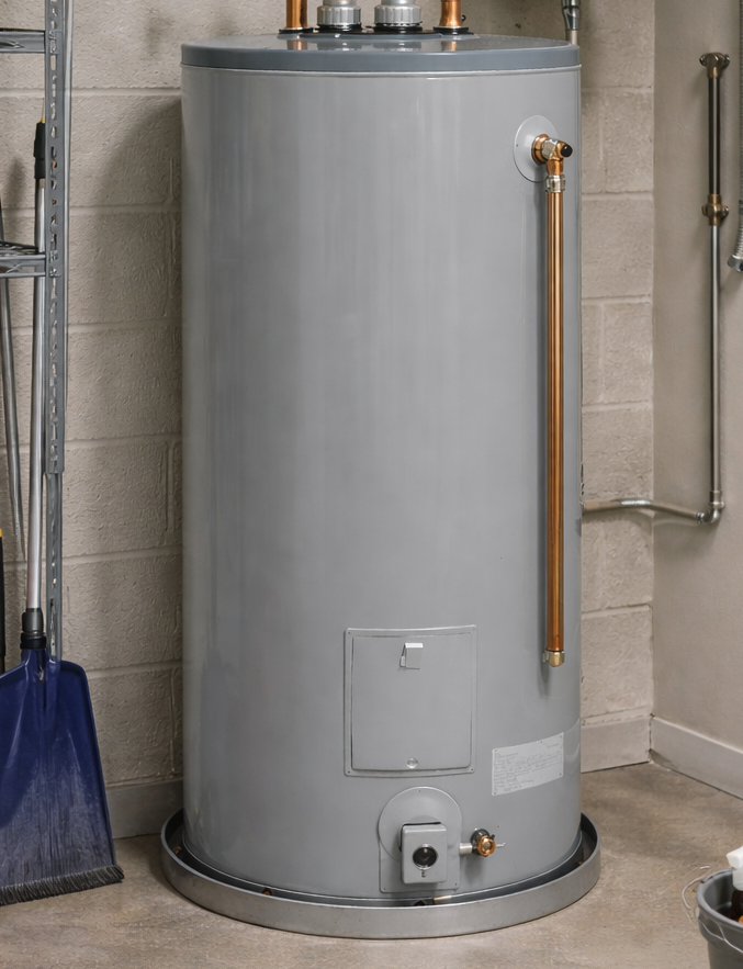 Organized garage with water heater.png