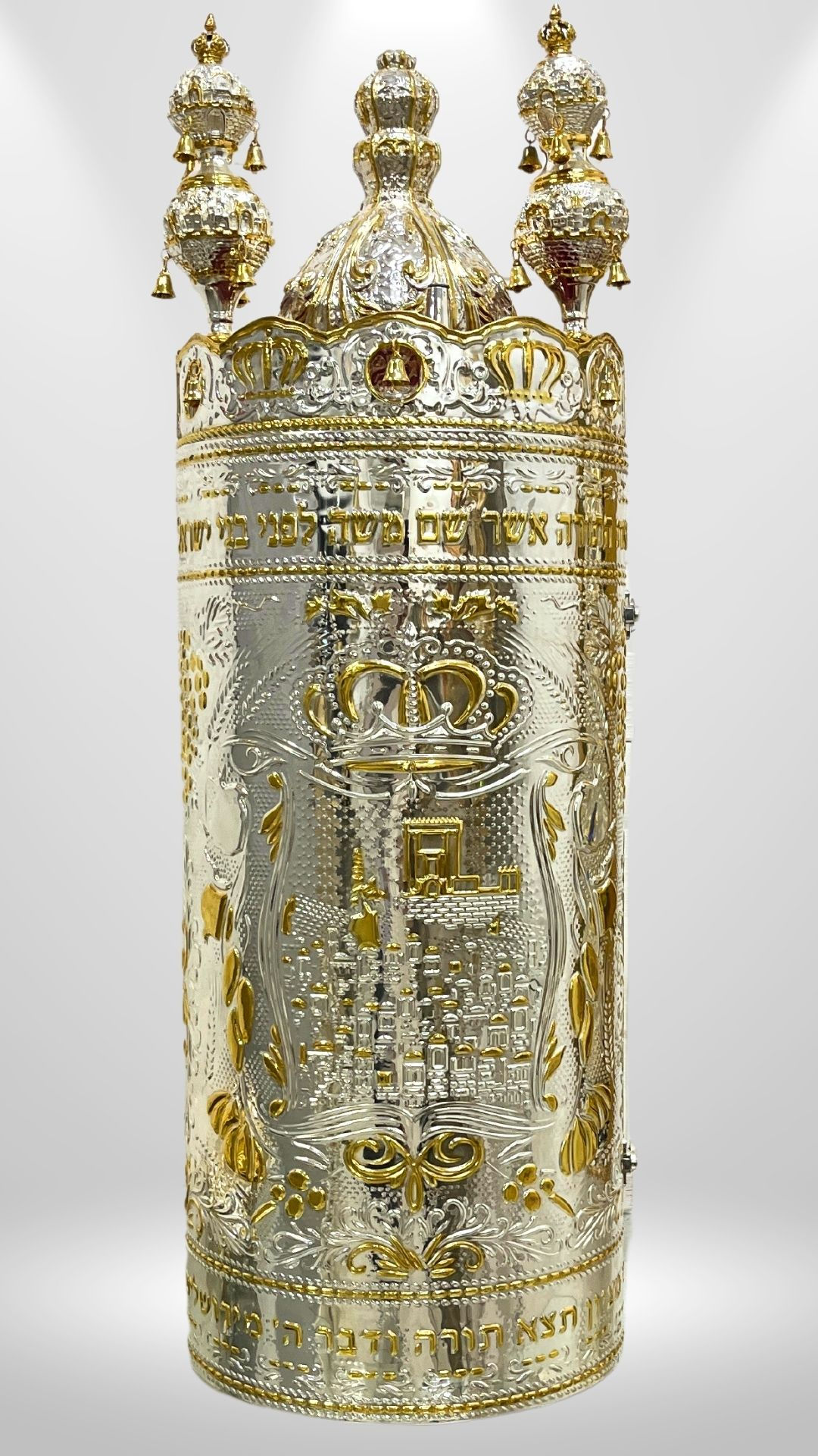 תיק לספר תורה - דגם ירושלים שבעת המינים | כסף מבריק | בשילוב זהב