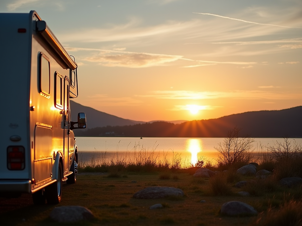 RV parked by the water during a golden sunset