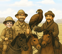 Elbie, Lazlo, their hunting guide Batu, and his golden eagle, Atlan.