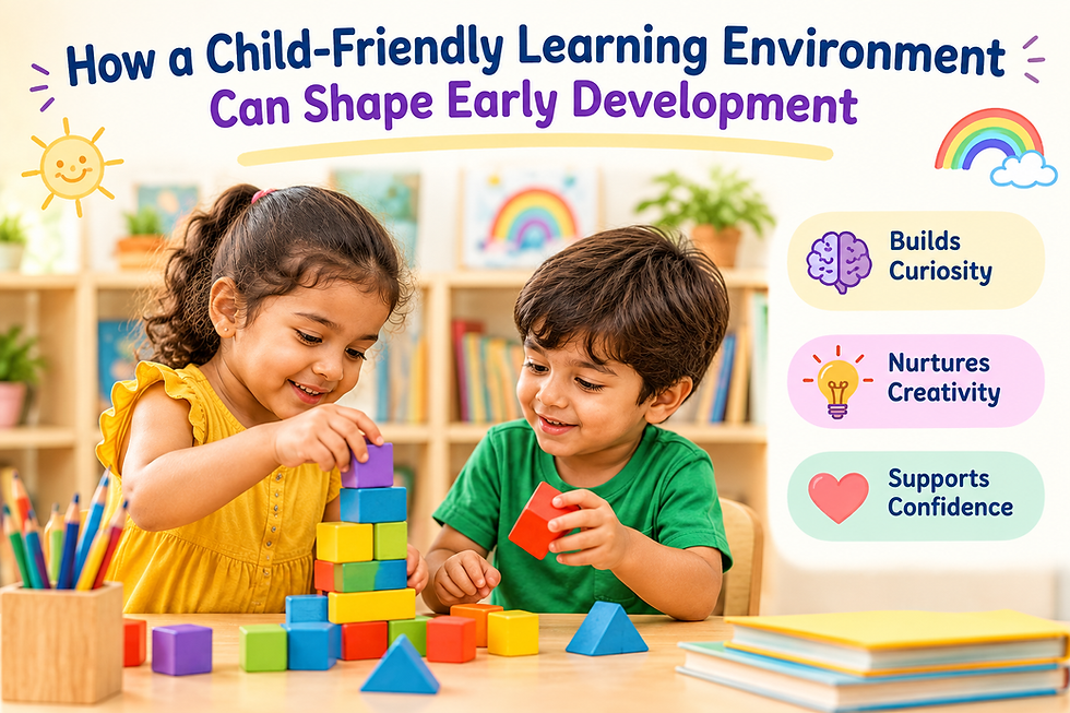 Two young children building with colorful blocks in a child-friendly classroom, showing curiosity, creativity, and confidence.