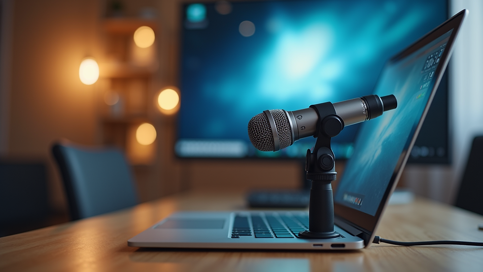 Vue rapprochée d’un microphone et d’un ordinateur portable prêt pour une conférence en ligne