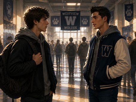 Two high school students are talking in the school hallway.