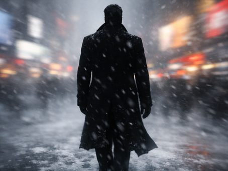 Hades walks through the snowy streets of the city, as if time poses no obstacle to him. His tall figure appears almost ominous in an elegant black winter coat.